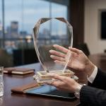 Elegant Diamond Cut Shield Crystal Award with Premium Gold Accents