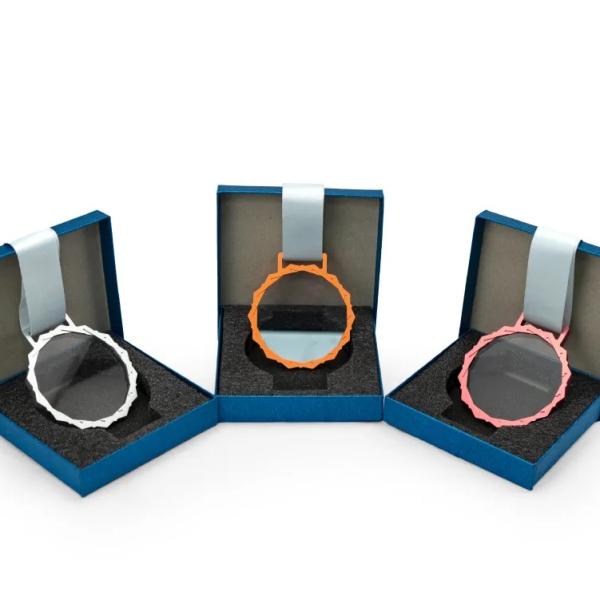 Glass Medals with Metal Frame, 3cm White Ribbon with Box