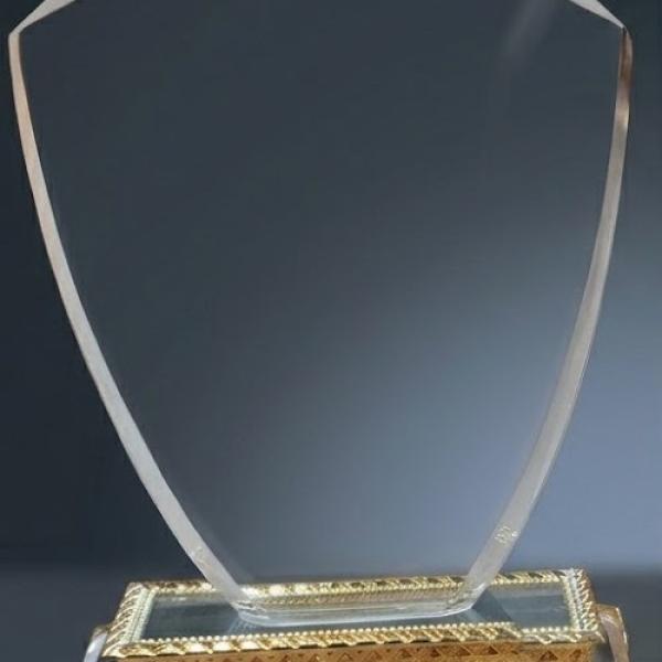 Elegant Diamond Cut Shield Crystal Award with Premium Gold Accents