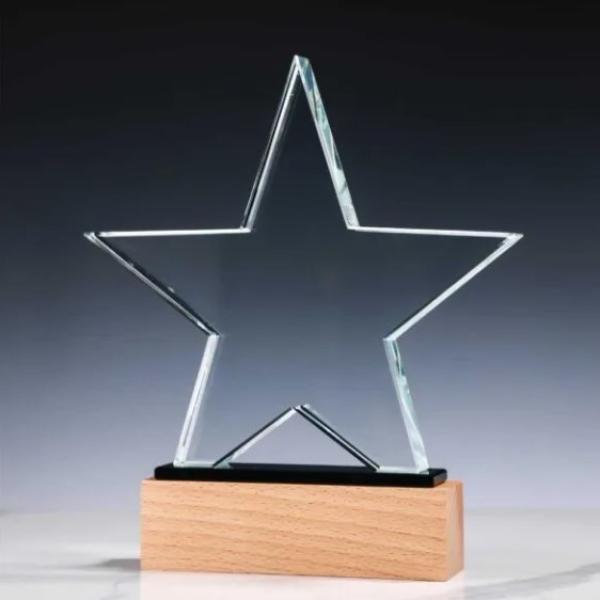Star shape crystal award with wooden base