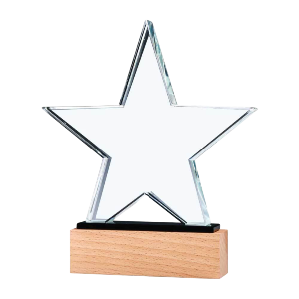 Star shape crystal award with wooden base